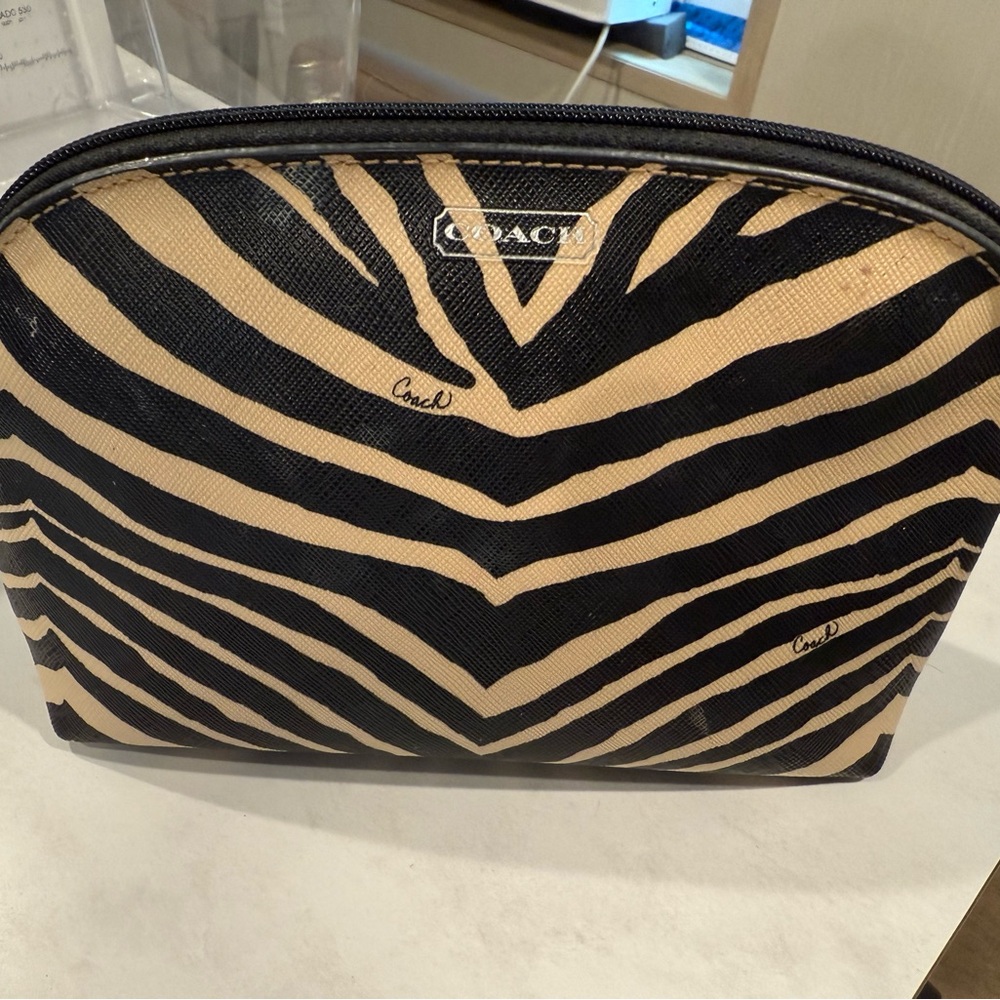 Coach Black and Tan Striped cosmetics Pouch